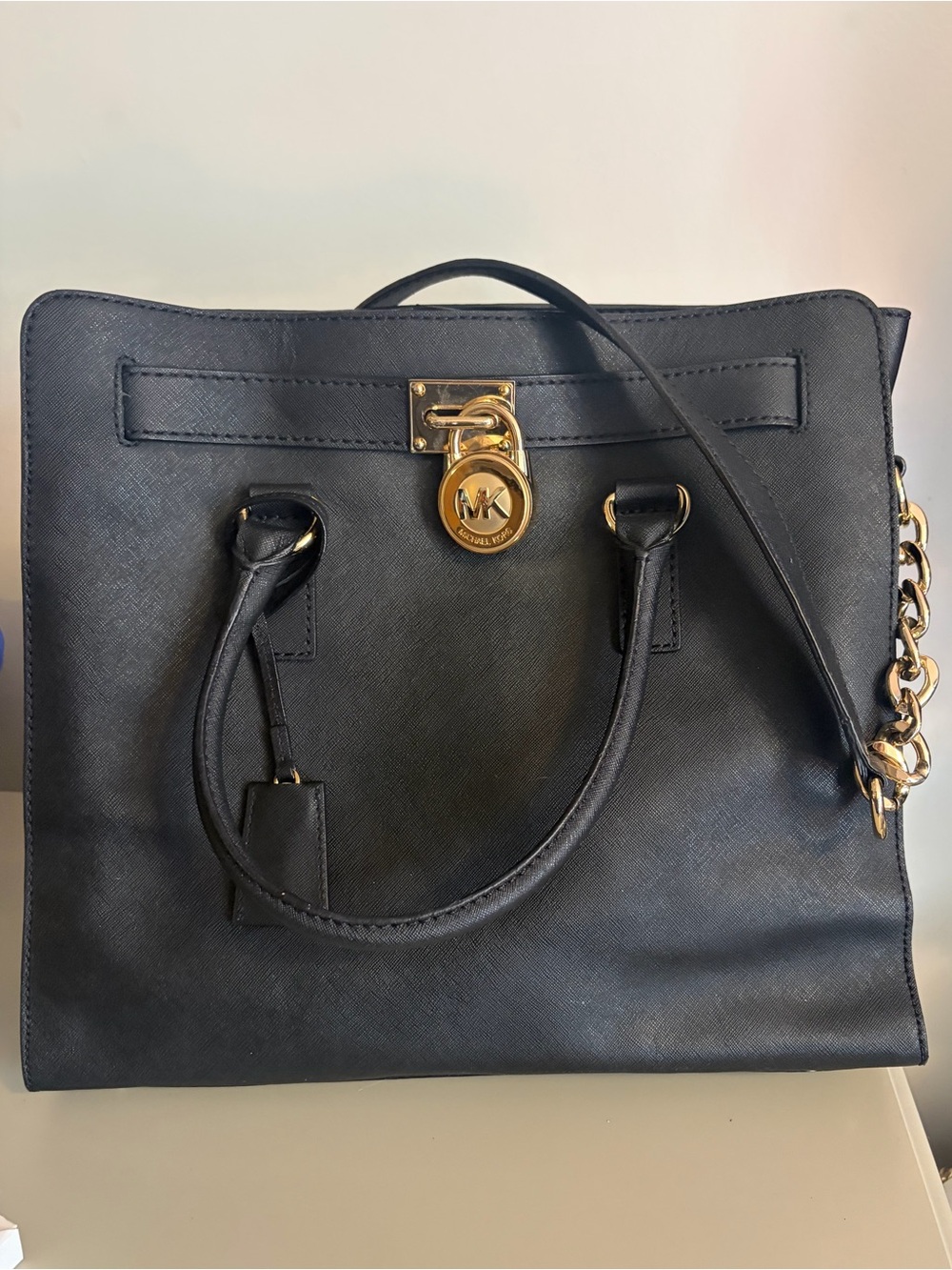 Michael Kors large Hamilton Black Saffiano Satchel with Gold Hardware